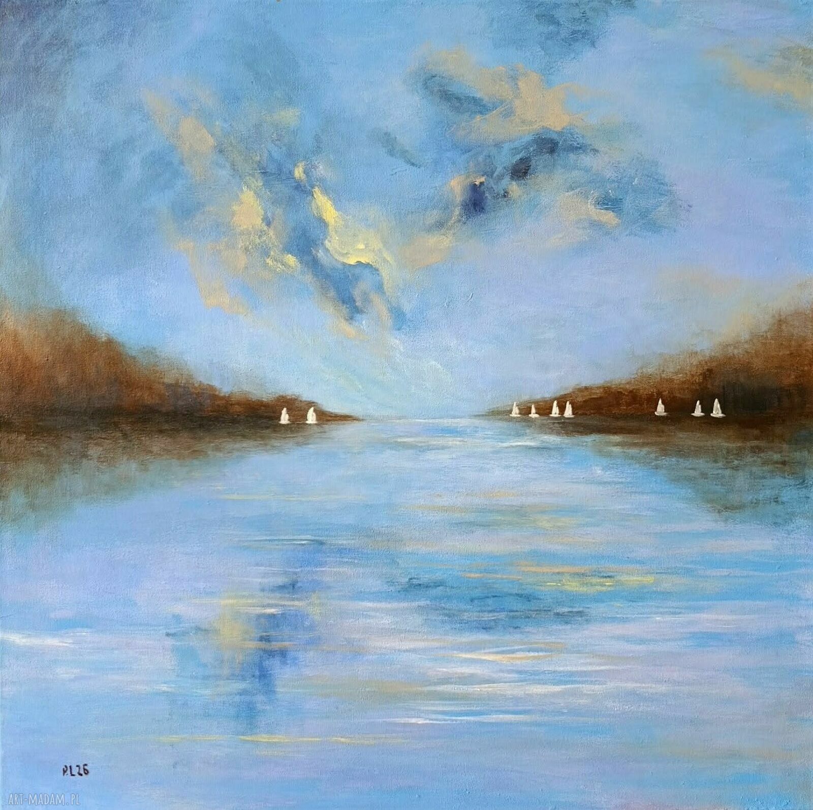 Białe łodzie - oryginalny obraz akrylowy na płótnie 60x60 cm