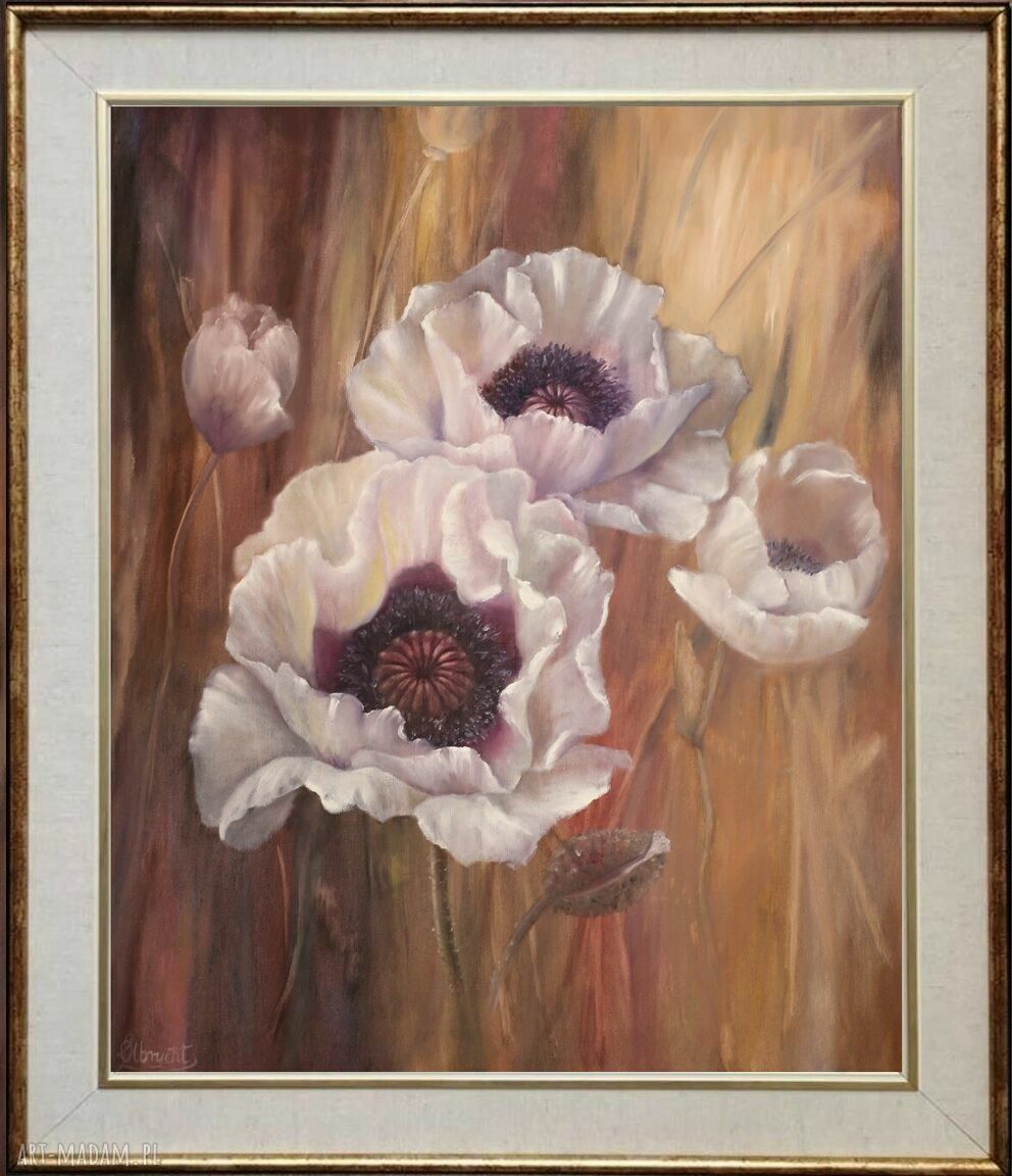 Ręcznie malowany obraz olejny „Białe Maki Ogrodowe Impresja” 60x70 cm