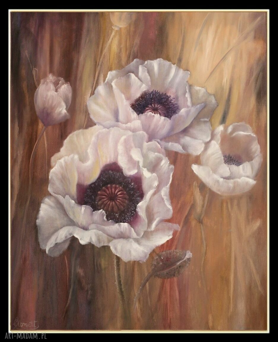 Ręcznie malowany obraz olejny „Białe Maki Ogrodowe Impresja” 60x70 cm