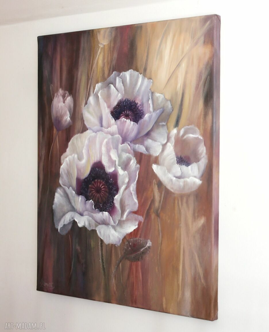 Ręcznie malowany obraz olejny „Białe Maki Ogrodowe Impresja” 60x70 cm