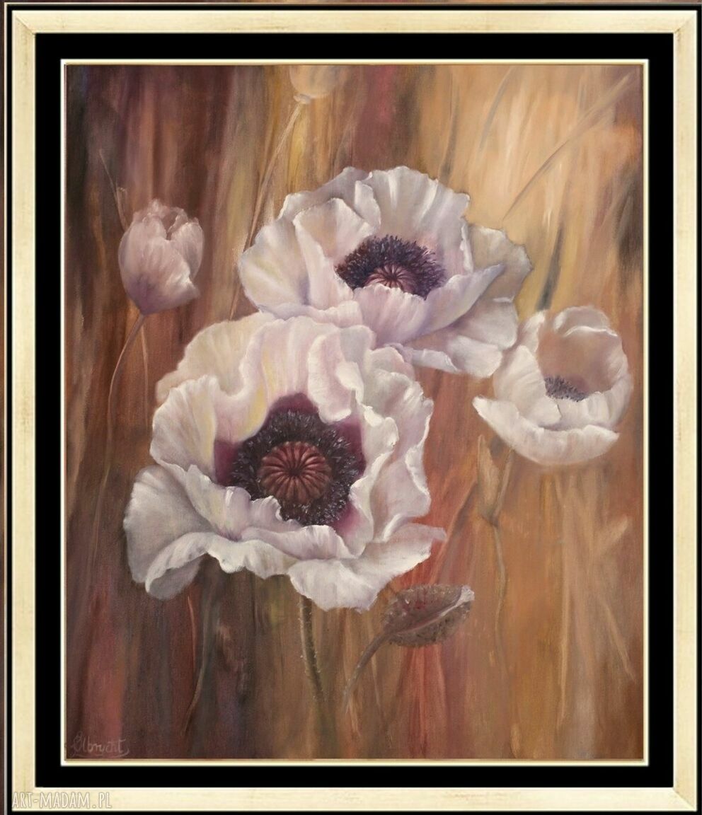 Ręcznie malowany obraz olejny „Białe Maki Ogrodowe Impresja” 60x70 cm