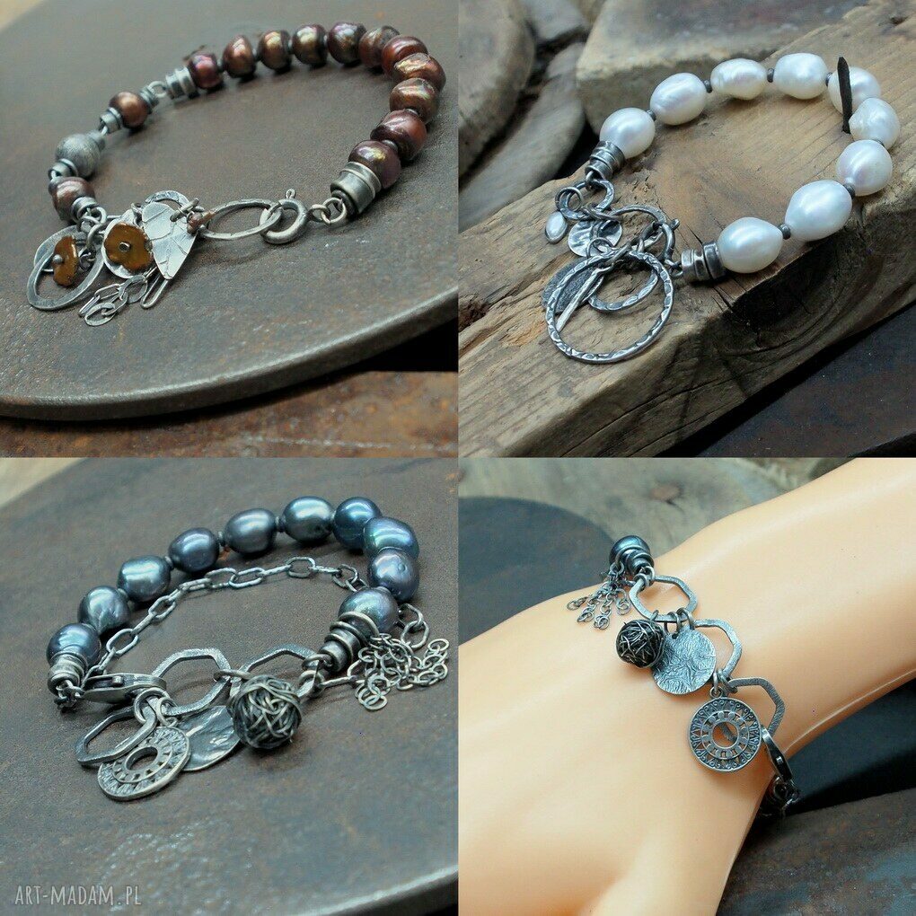 Białe perły i oksydowane srebro 925 - bransoletka handmade dla niej