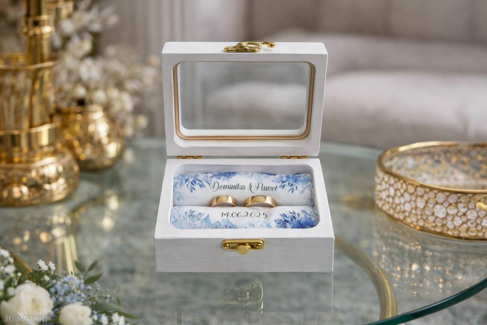 Personalizowane pudełko na obrączki z okienkiem - dąb 12x8 cm