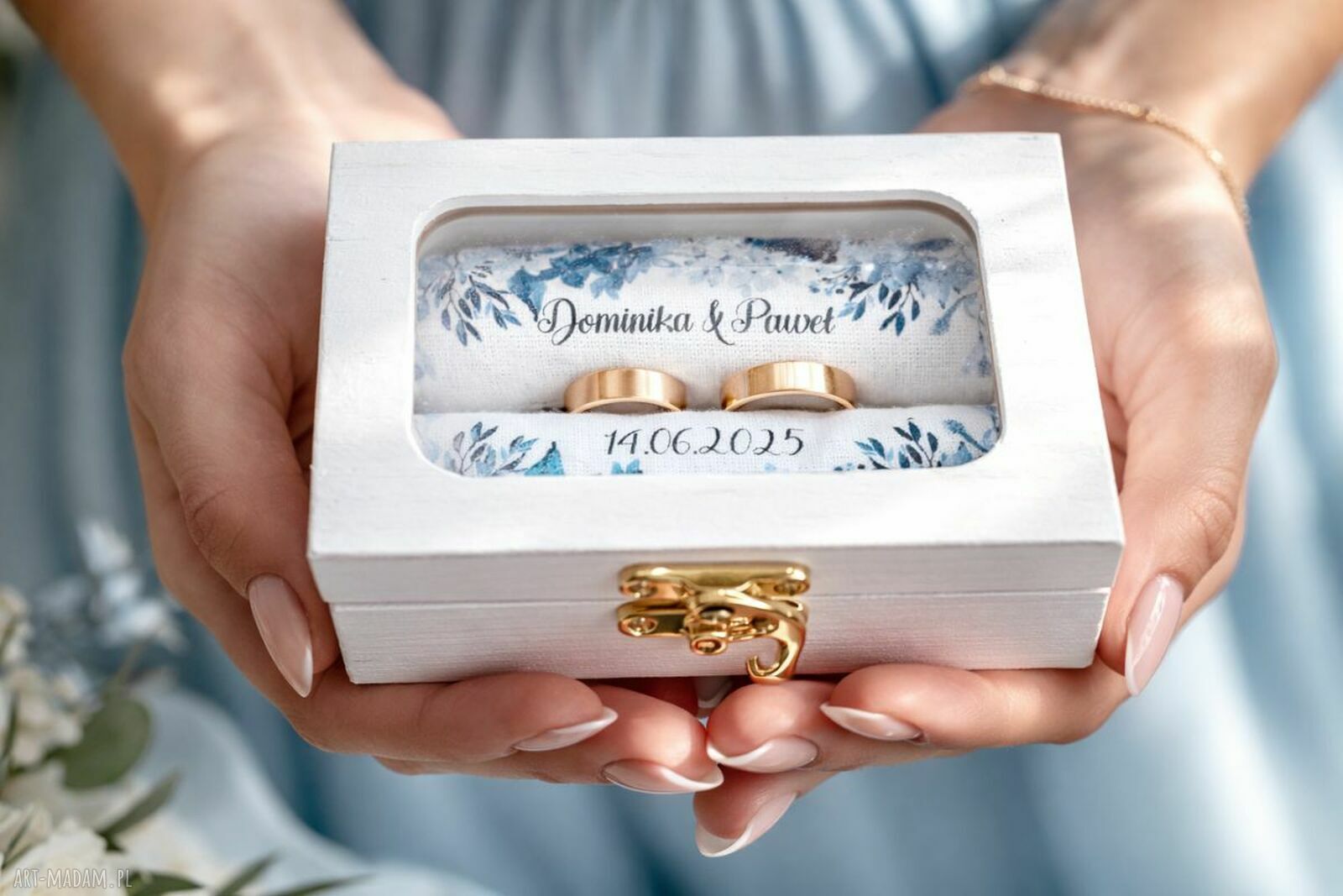 Personalizowane pudełko na obrączki z okienkiem - dąb 12x8 cm