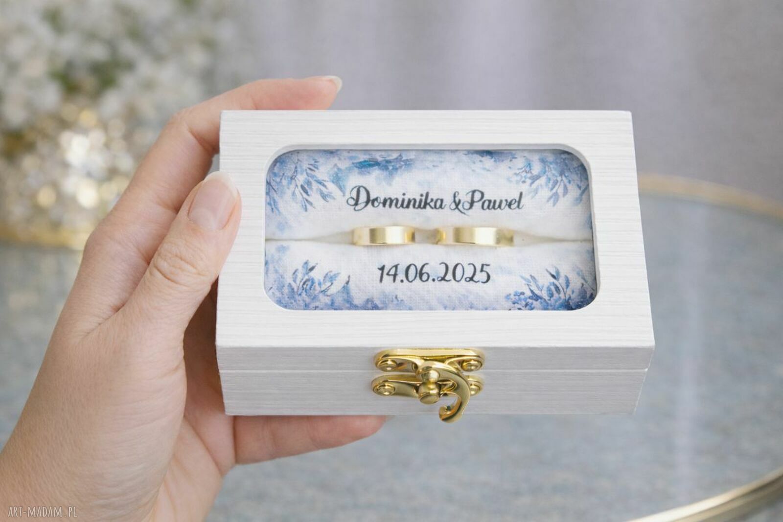 Personalizowane pudełko na obrączki z okienkiem - dąb 12x8 cm