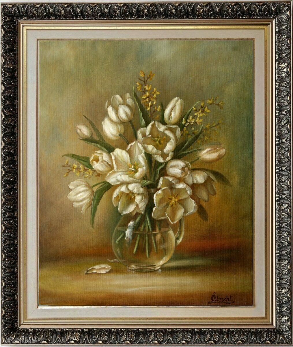 Białe Tulipany - ręcznie malowany obraz olejny 50x60 cm