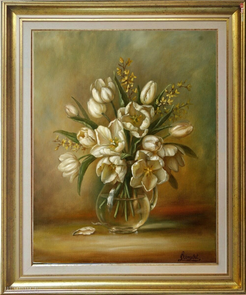 Białe Tulipany - ręcznie malowany obraz olejny 50x60 cm