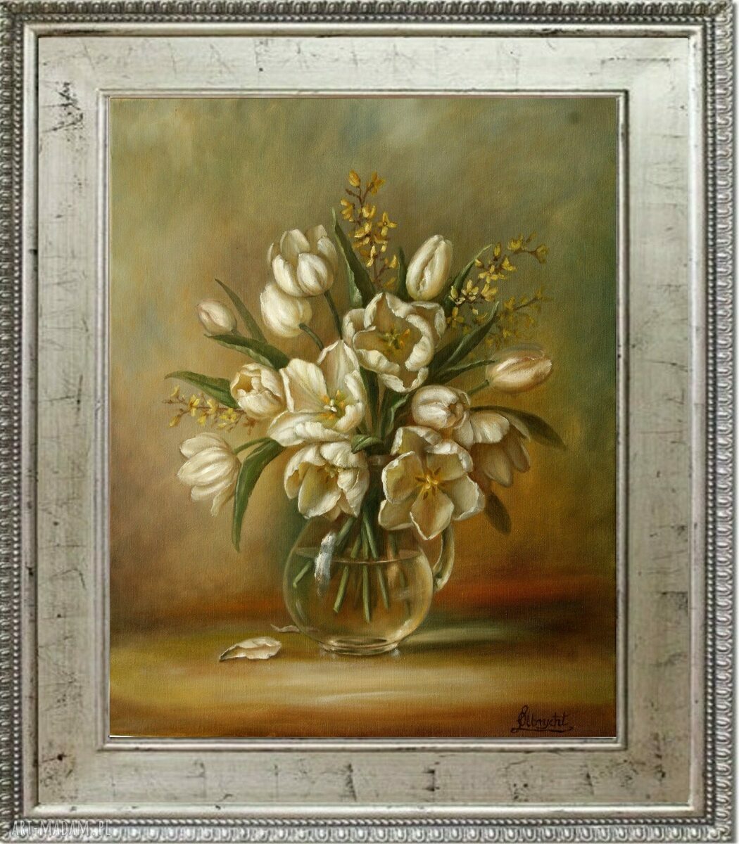 Białe Tulipany - ręcznie malowany obraz olejny 50x60 cm