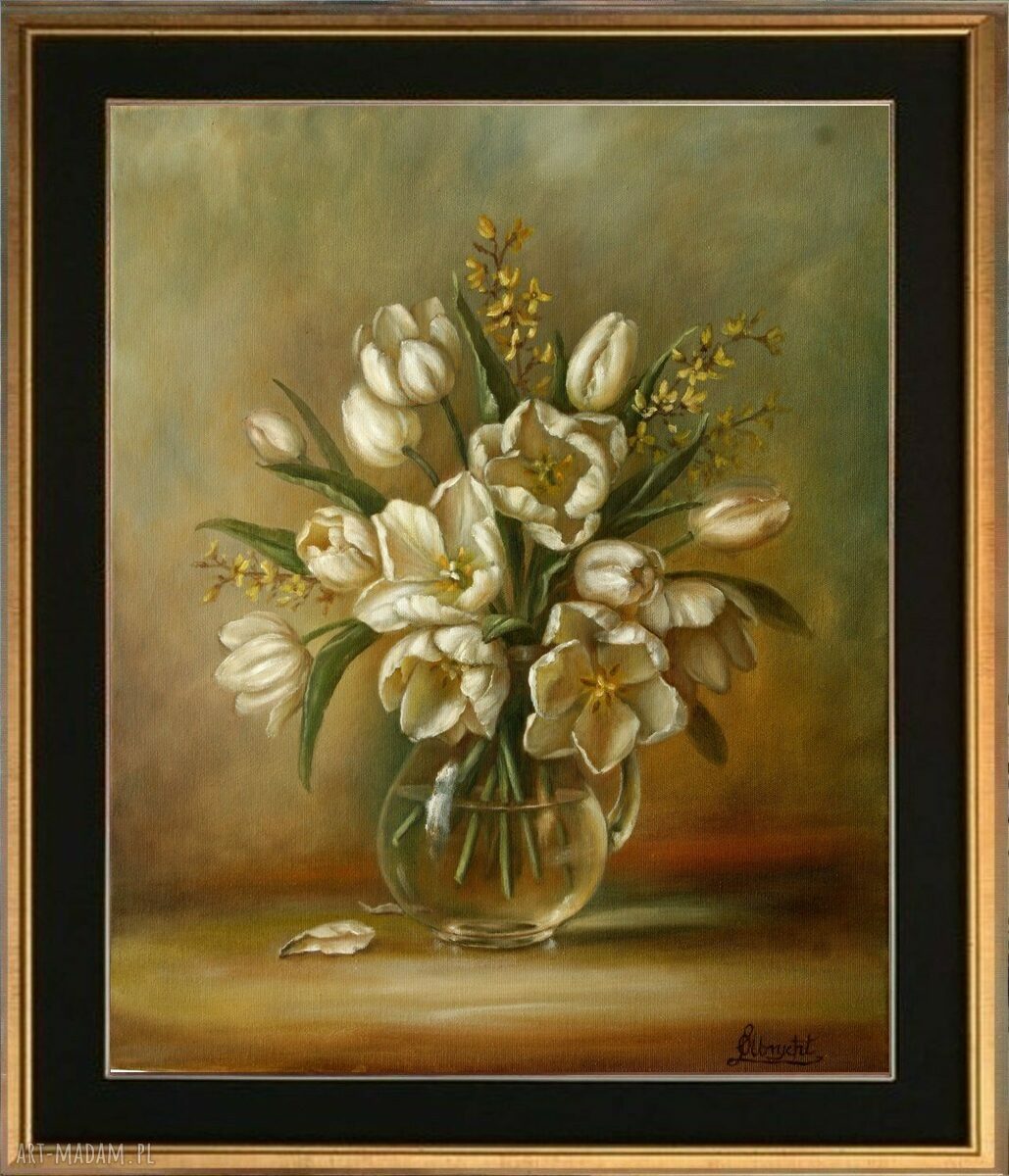 Białe Tulipany - ręcznie malowany obraz olejny 50x60 cm