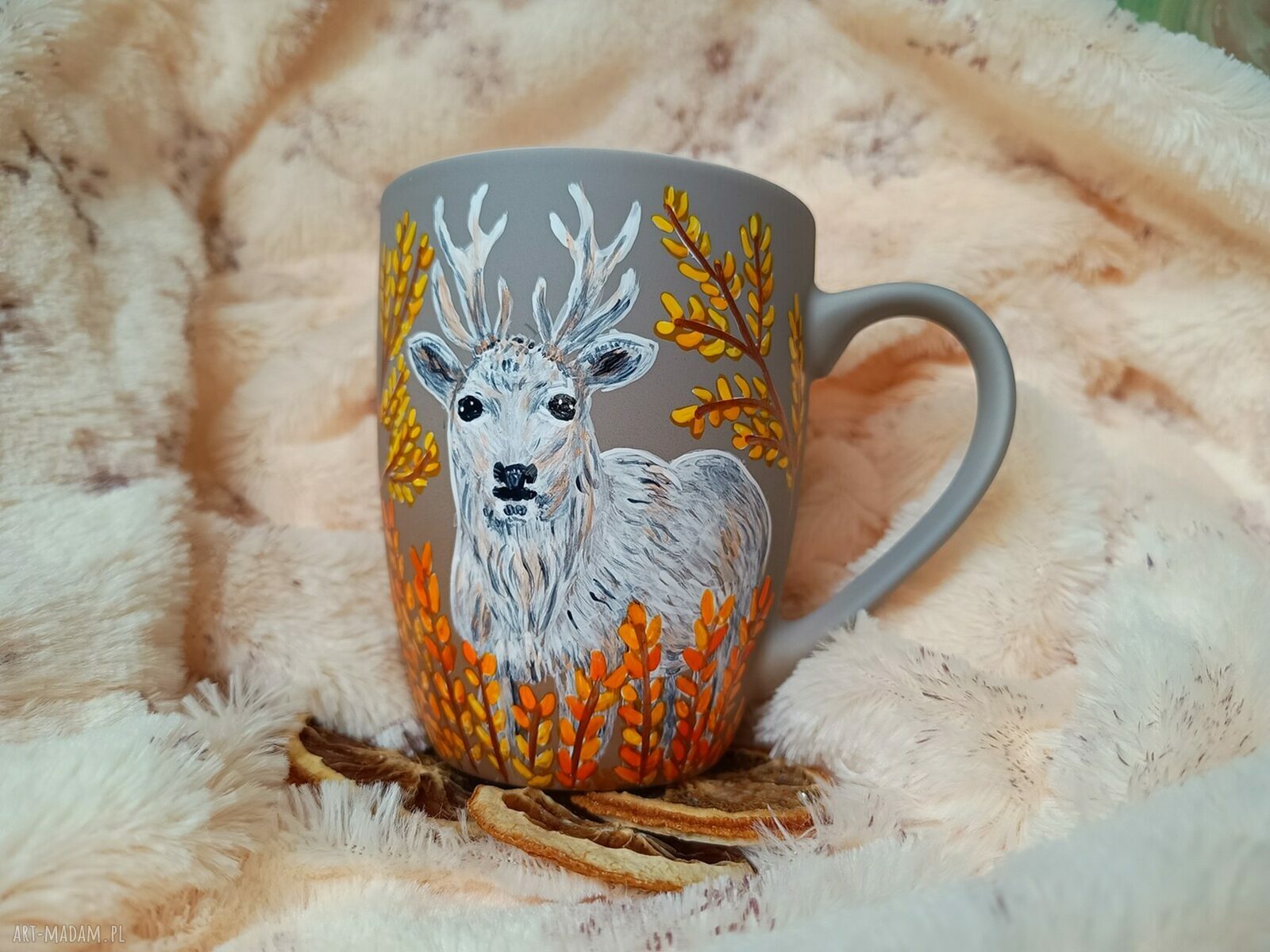 Biały jeleń ręcznie malowany kubek 300 ml