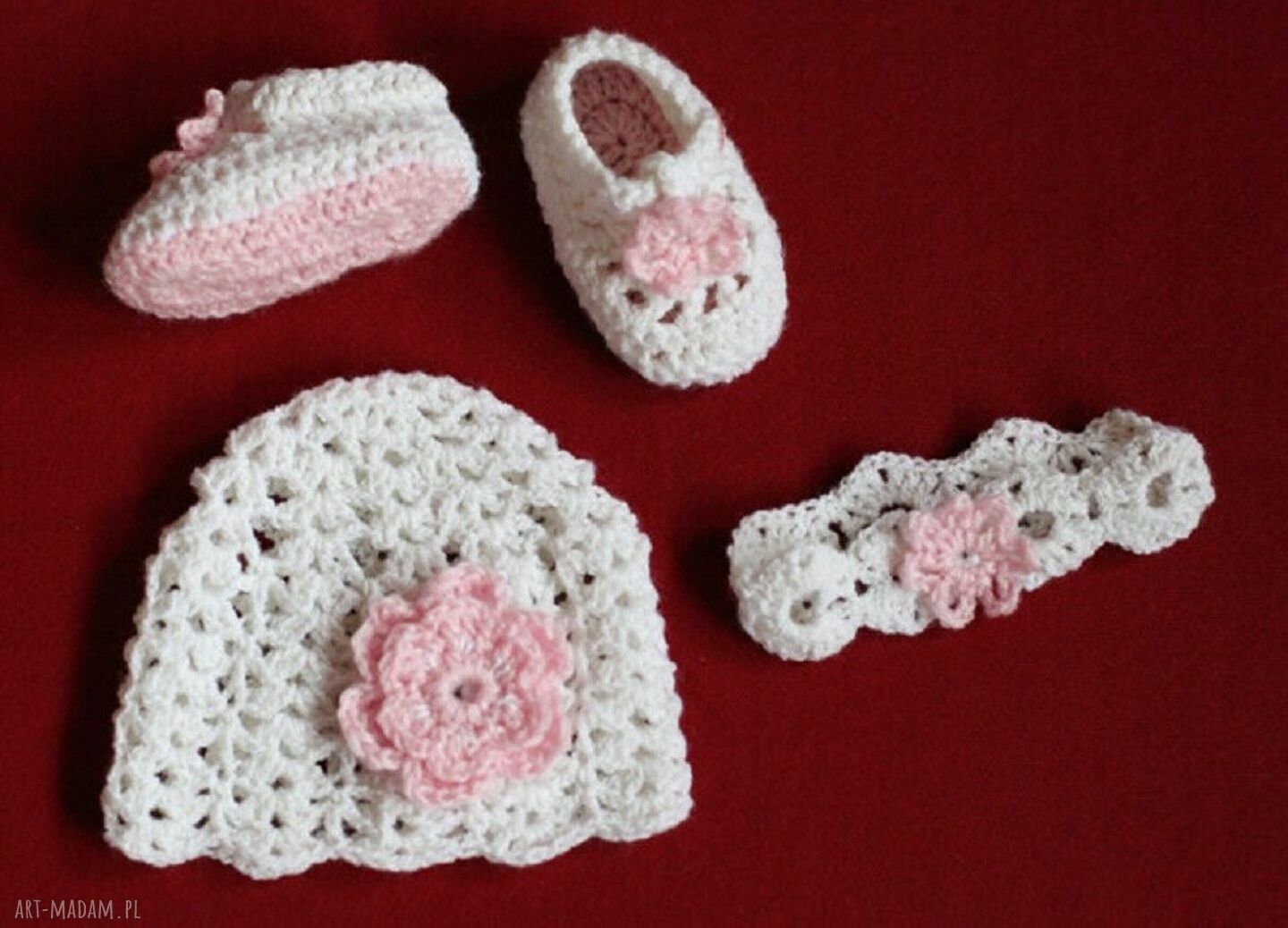 Biały komplet do chrztu dla dziewczynki - sukienka, czapeczka, opaska i buciki (handmade)