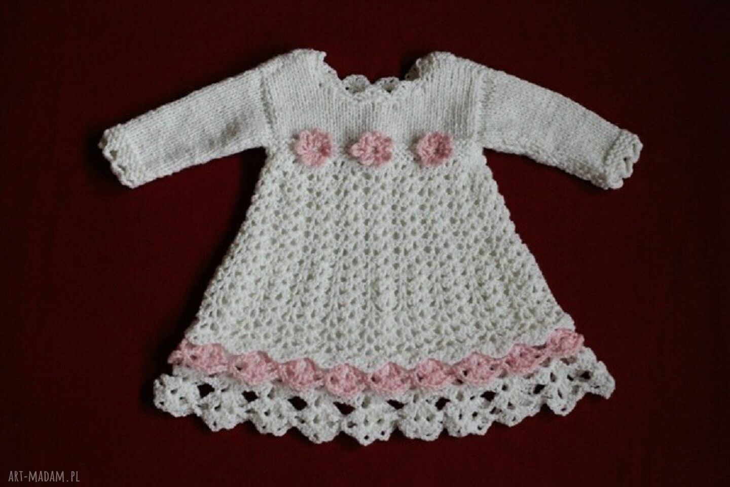 Biały komplet do chrztu dla dziewczynki - sukienka, czapeczka, opaska i buciki (handmade)