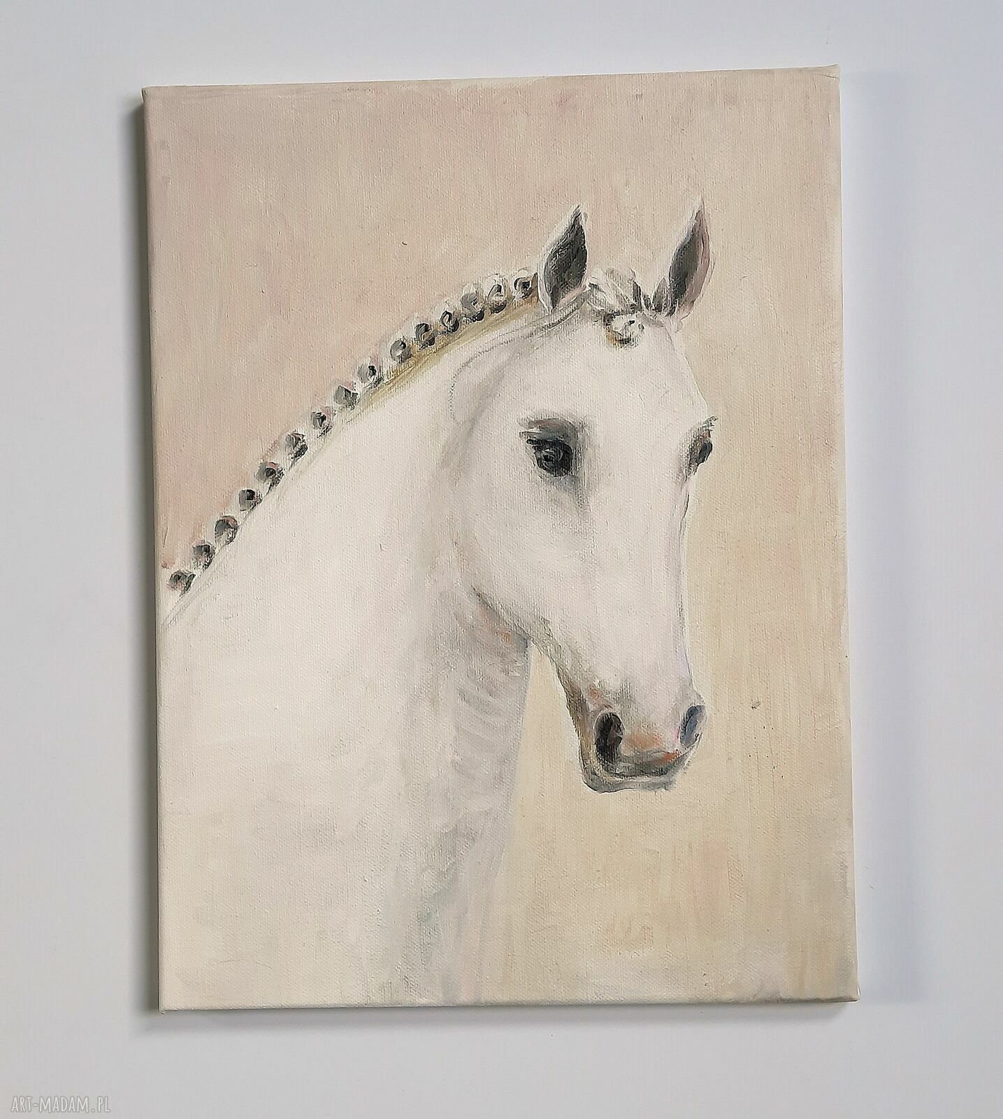 Biały koń - pastelowy obraz olejny na płótnie 30x40 cm