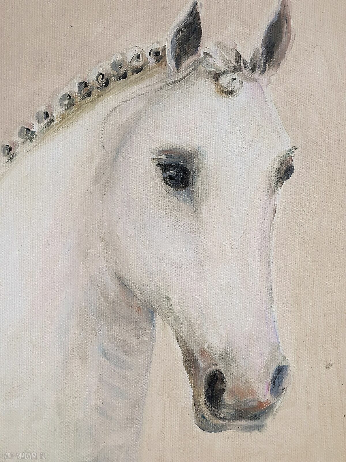 Biały koń - pastelowy obraz olejny na płótnie 30x40 cm
