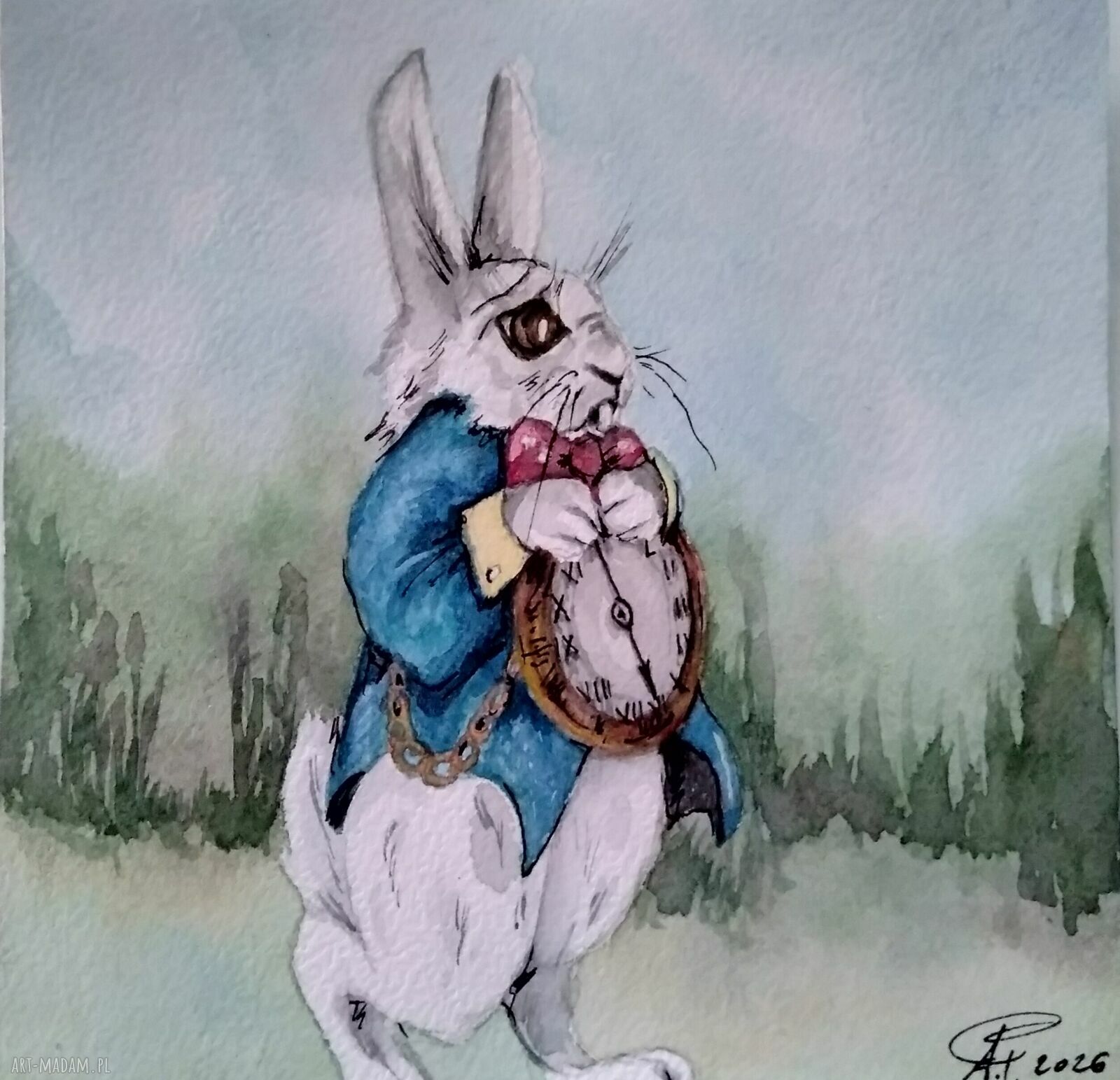 Biały królik. Akwarela - baśniowa ilustracja na Wielkanoc i do pokoiku dziecka