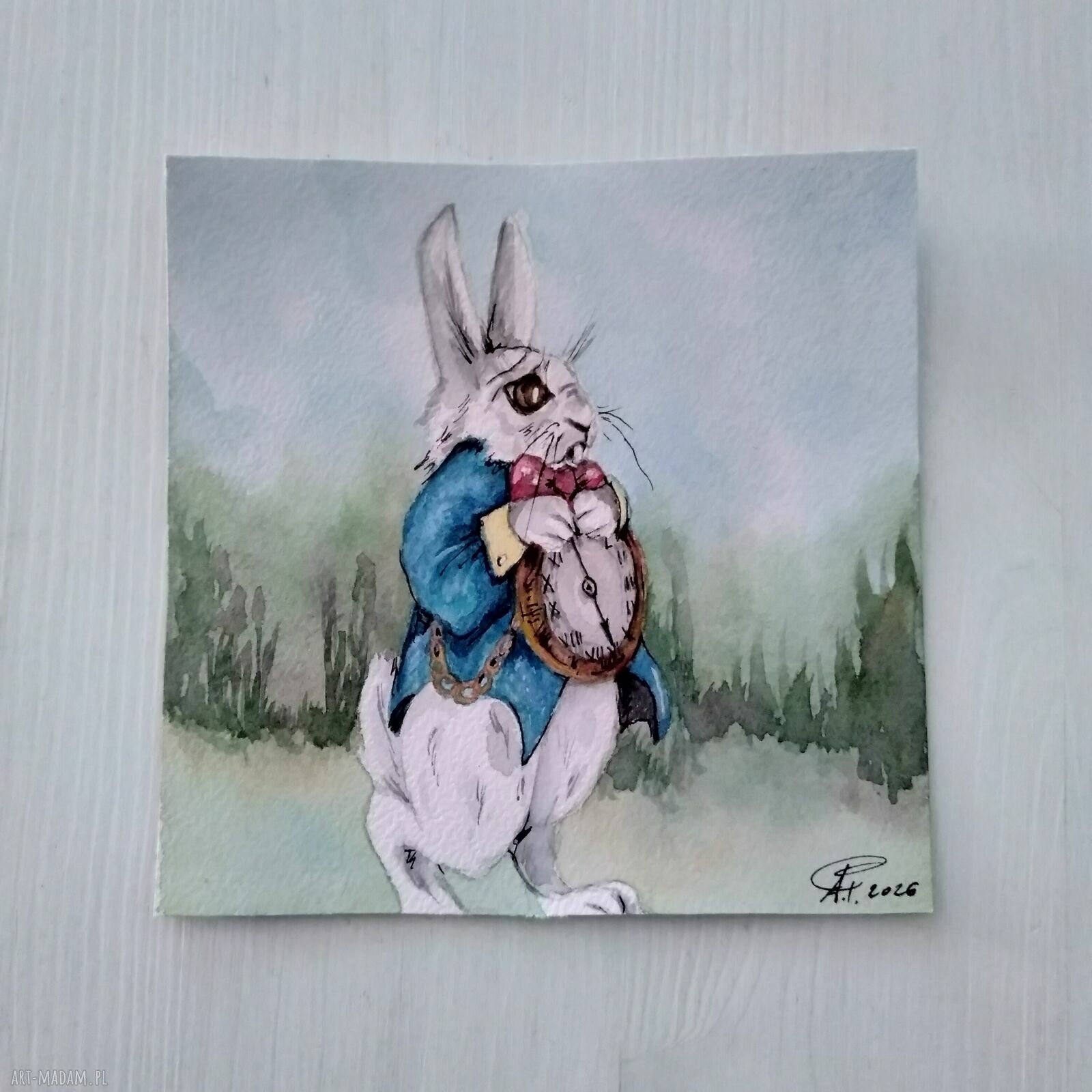 Biały królik. Akwarela - baśniowa ilustracja na Wielkanoc i do pokoiku dziecka