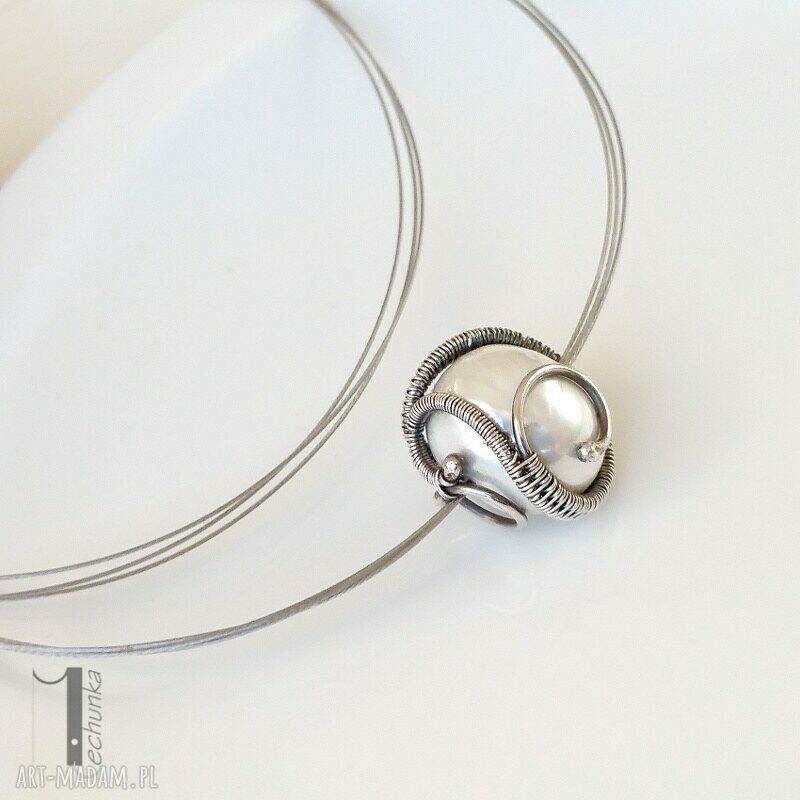Bianco I - naszyjnik z perłą Majorka ze srebra 925/999, wire wrapping