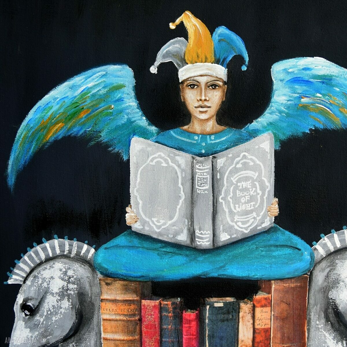 Anioł Bibliofil 16 - oryginalny obraz ręcznie malowany w technice akryl i collage