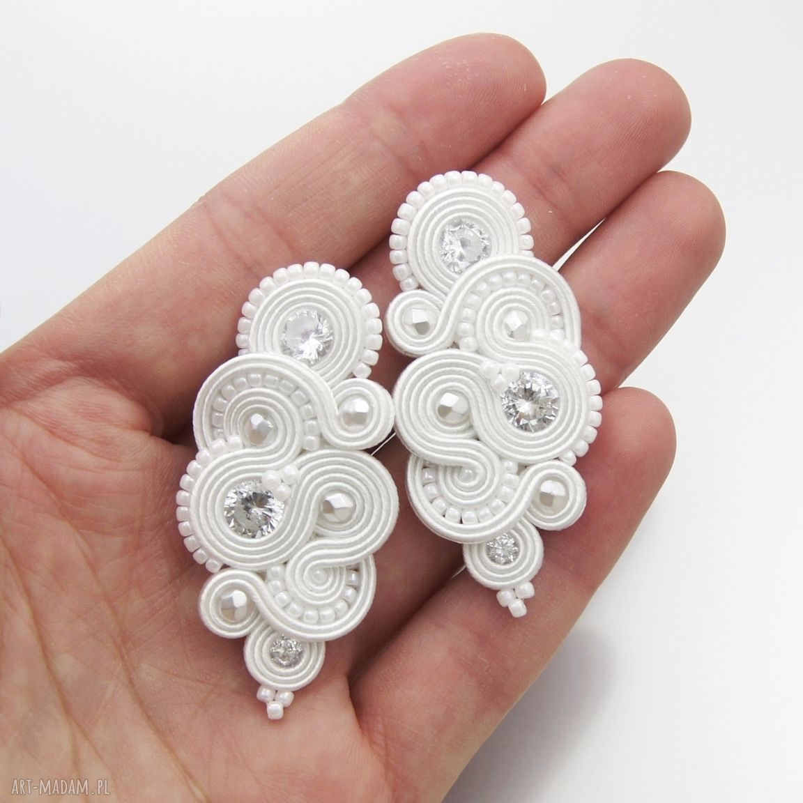 Kolczyki ślubne soutache mirino crystal sutasz biel stylowe