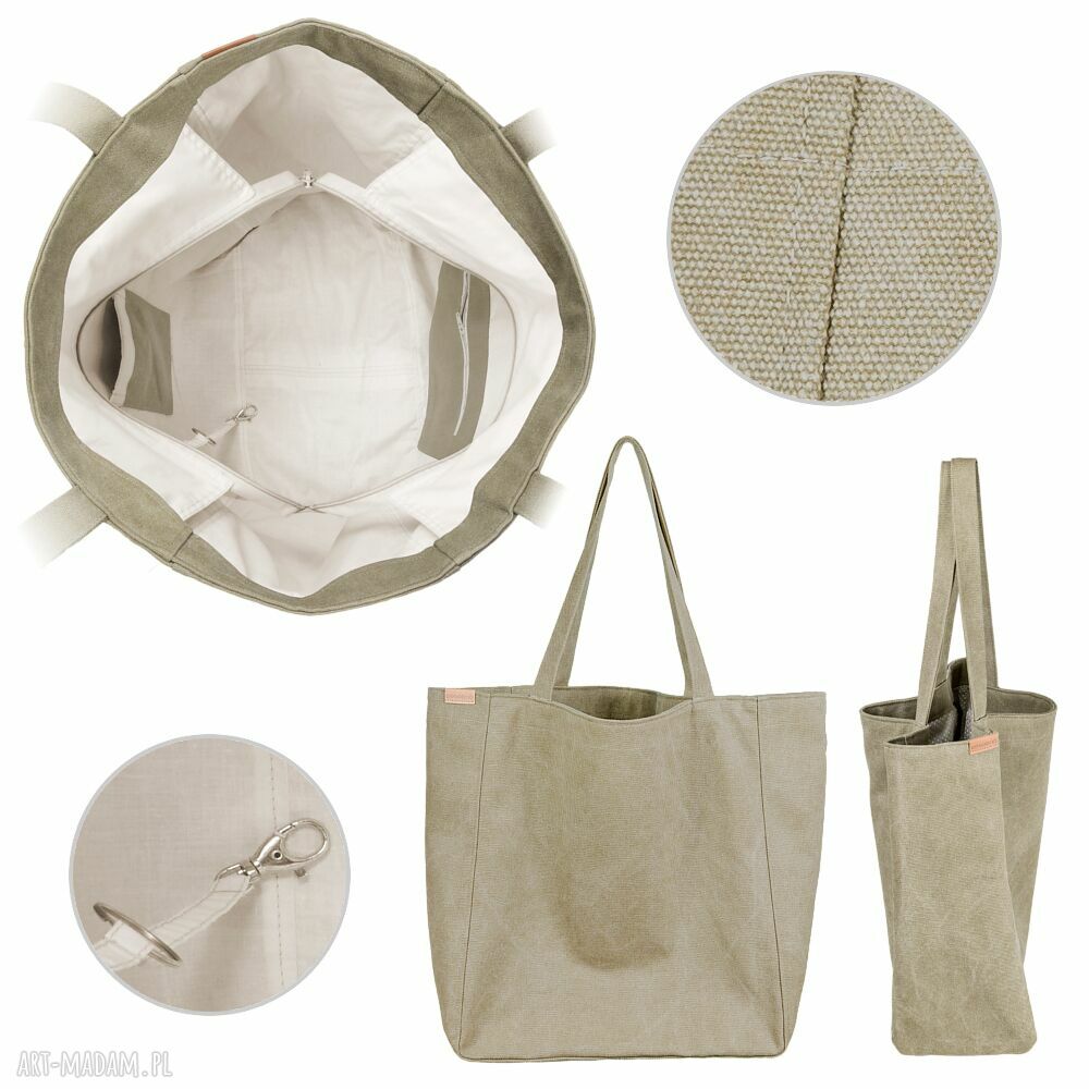 Duża torba Lazy Bag khaki z bawełny - zapinana na zamek (vegan)