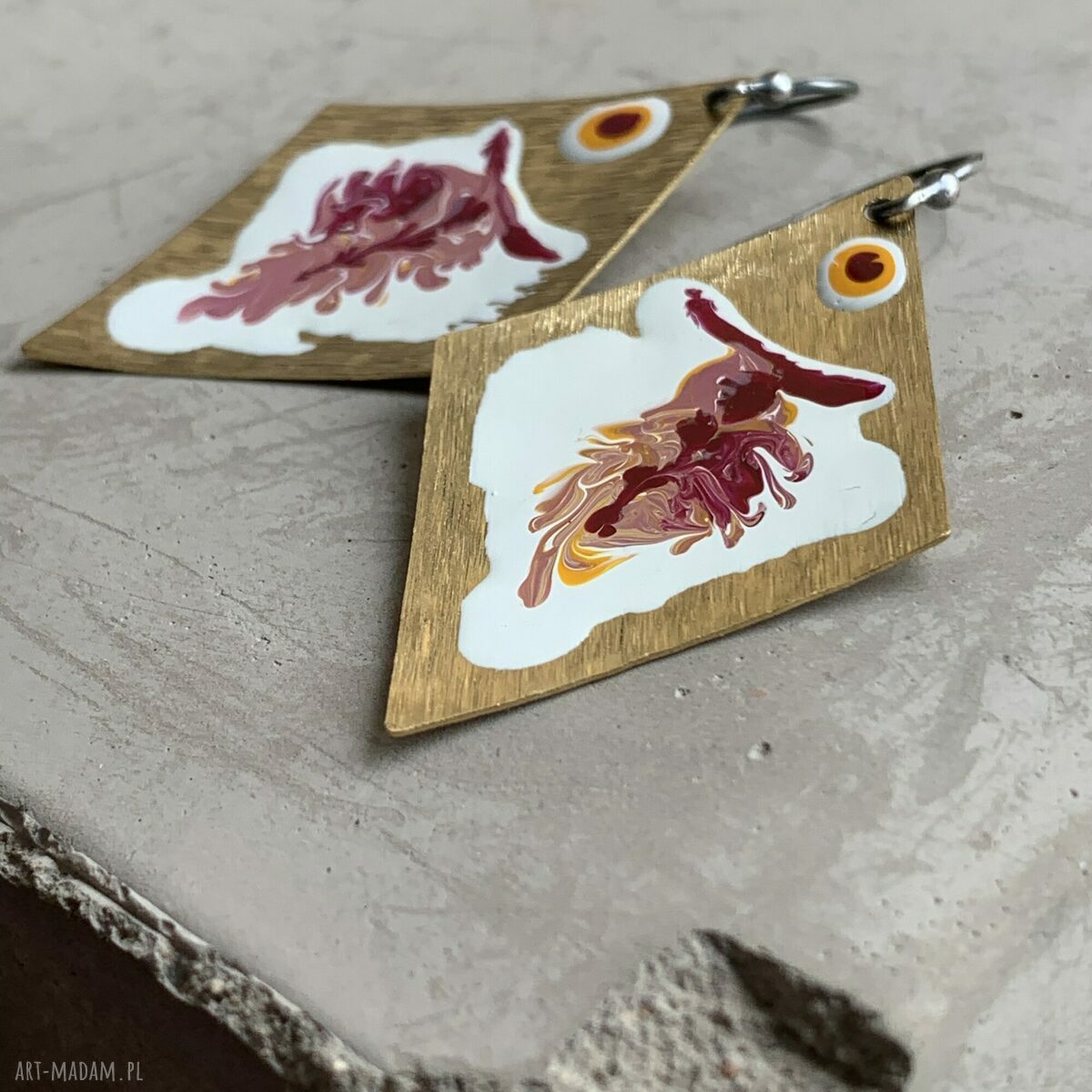 Kolczyki Big Fish White & Rose z mosiądzu - ręcznie malowana emalia i srebro 925
