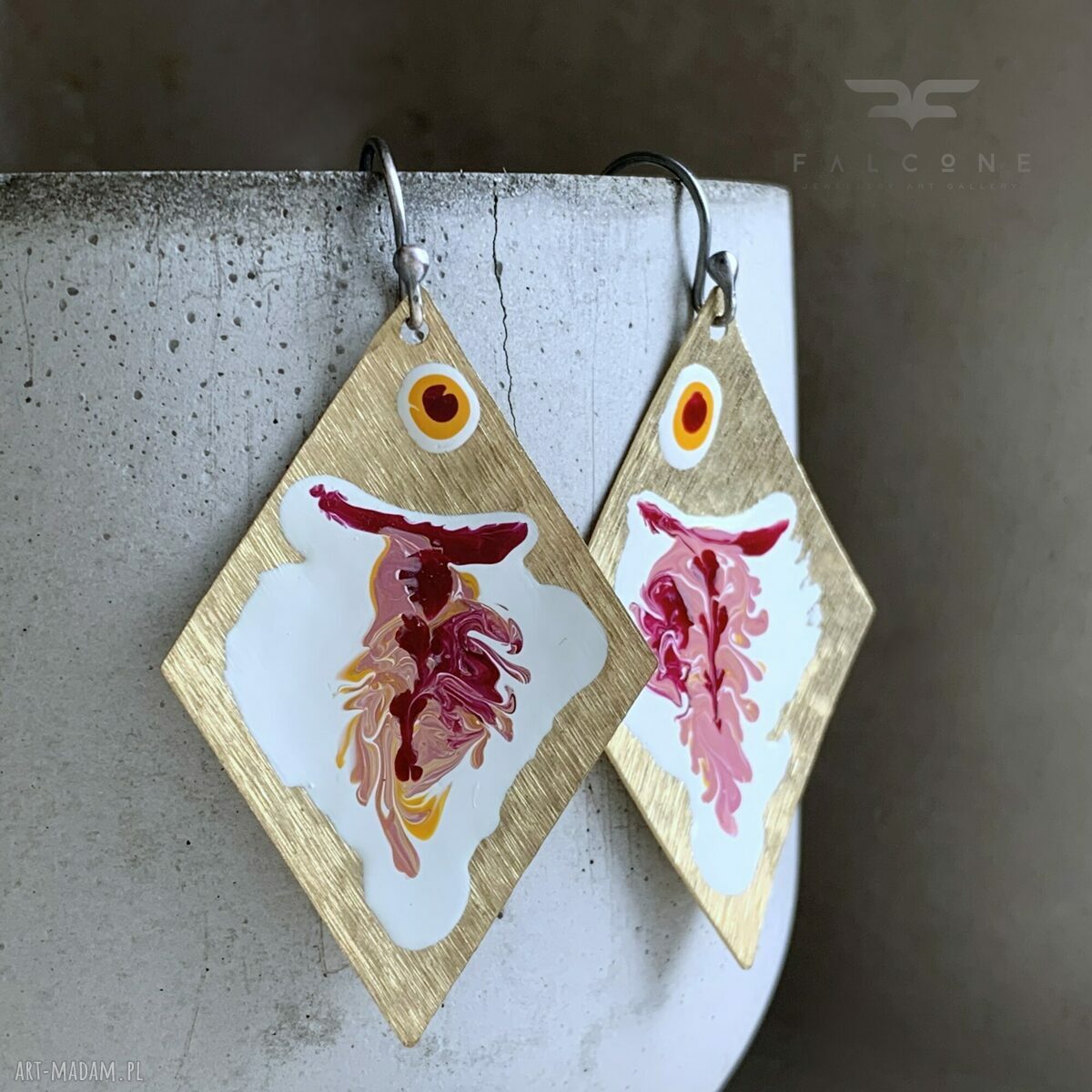 Kolczyki Big Fish White & Rose z mosiądzu - ręcznie malowana emalia i srebro 925