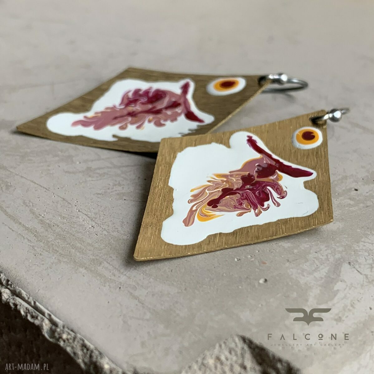 Kolczyki Big Fish White & Rose z mosiądzu - ręcznie malowana emalia i srebro 925