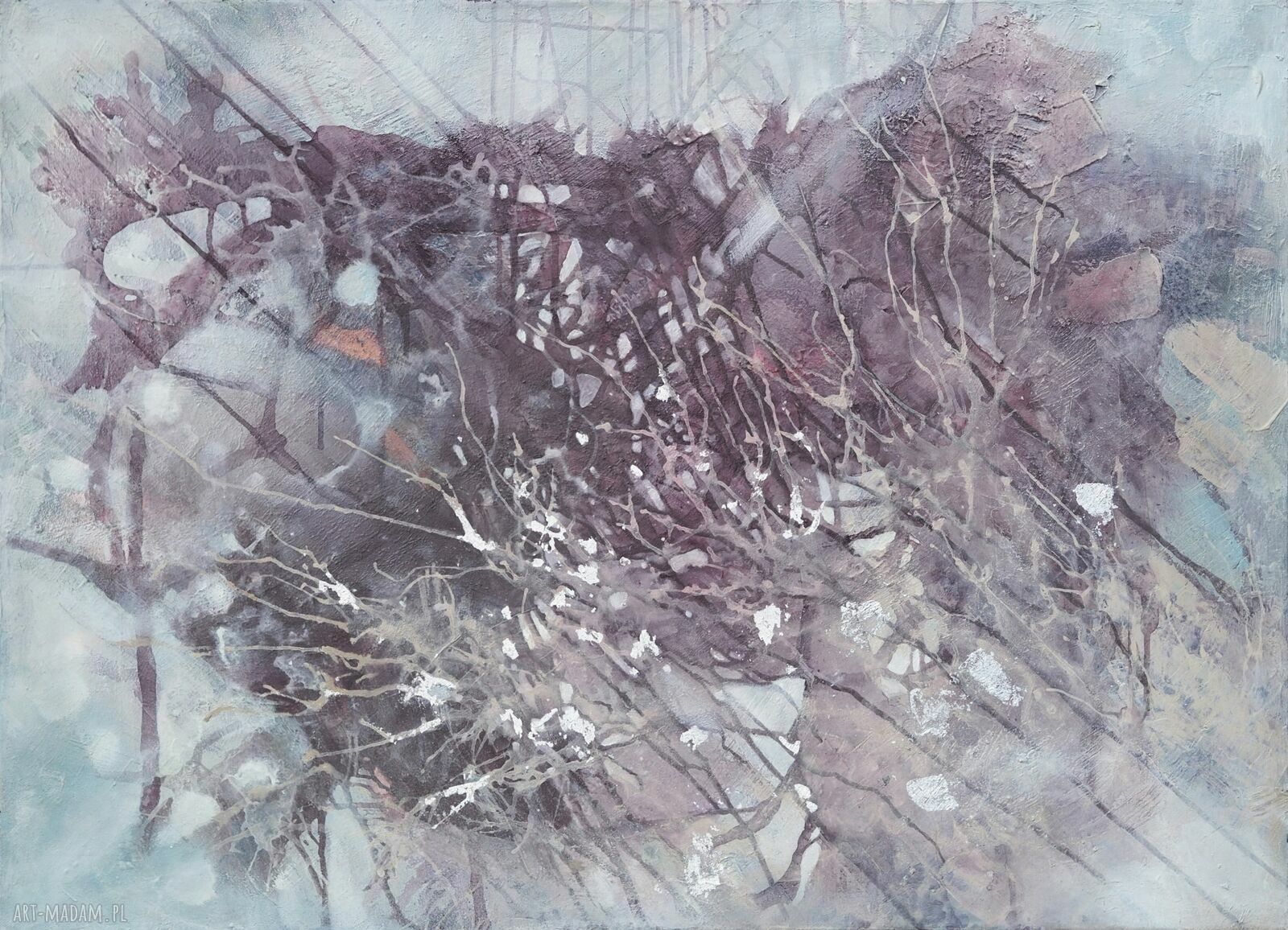 Bioluminescencja nr 2 - ręcznie wykonany obraz abstrakcyjny z płatkami srebra 90 x 65 cm