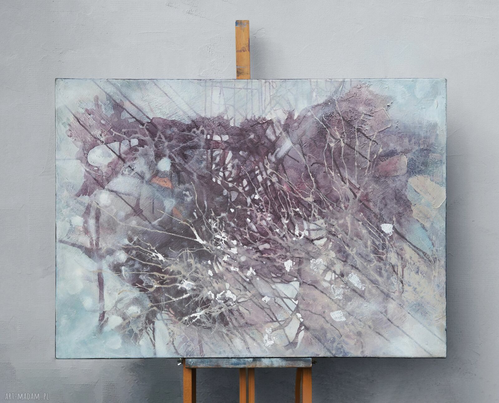 Bioluminescencja nr 2 - ręcznie wykonany obraz abstrakcyjny z płatkami srebra 90 x 65 cm