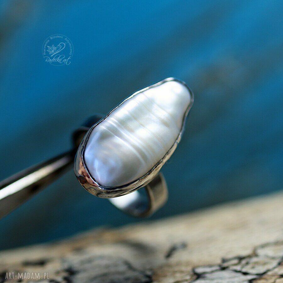 Biwa Pearl Ring - srebrny pierścionek z naturalną perłą Biwa (regulowany)