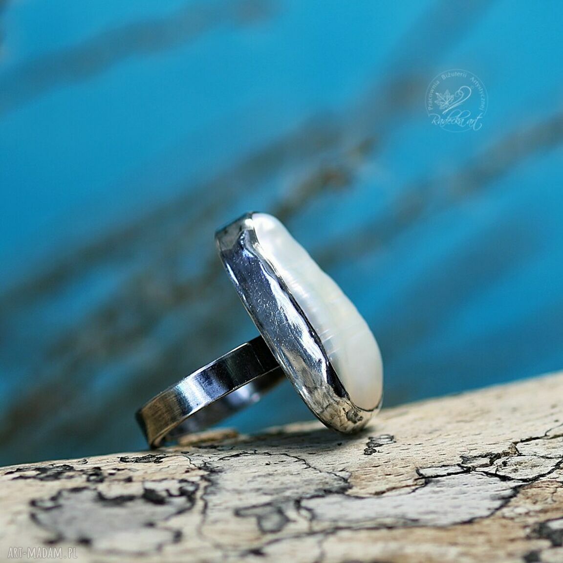 Biwa Pearl Ring - srebrny pierścionek z naturalną perłą Biwa (regulowany)