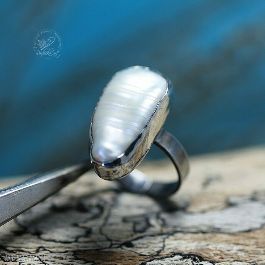 Biwa Pearl Ring - srebrny pierścionek z naturalną perłą Biwa (regulowany)