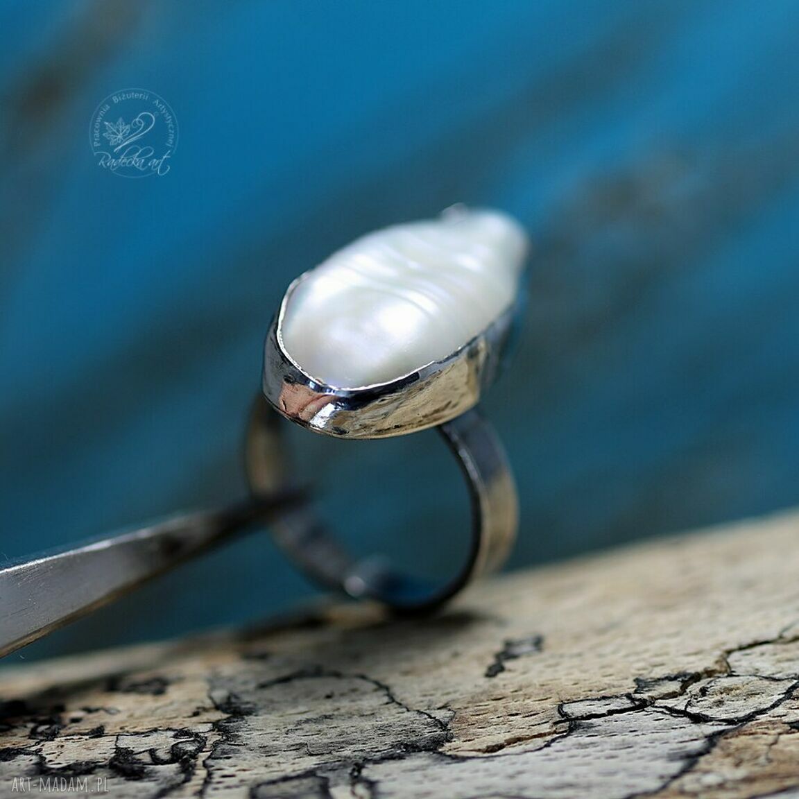 Biwa Pearl Ring - srebrny pierścionek z naturalną perłą Biwa (regulowany)