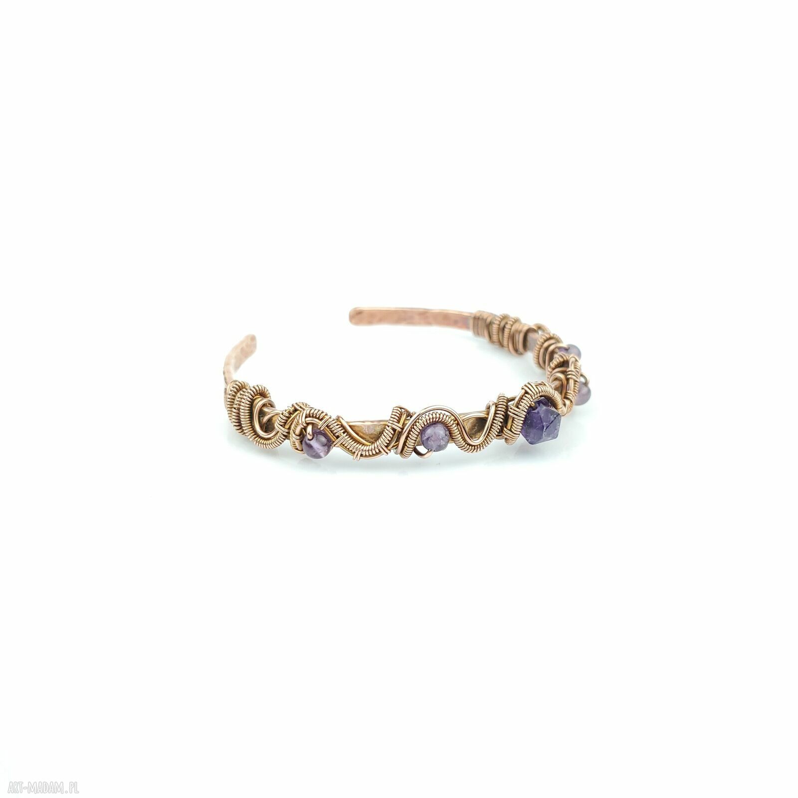 Miedziana bransoletka mankietowa z ametystem - cuff handmade