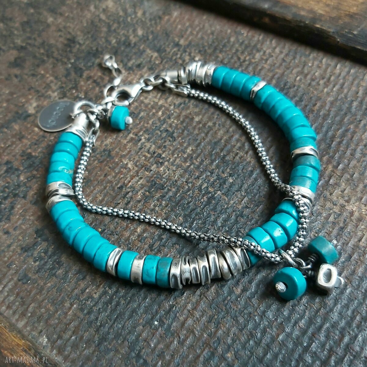 Bransoletka srebrna z turkusami Handmade