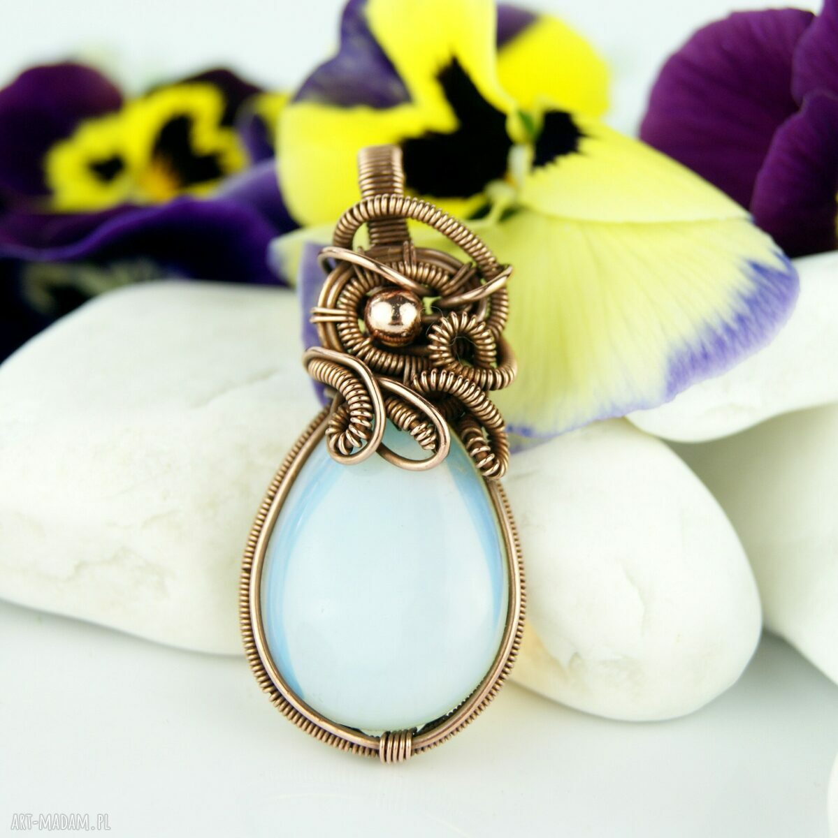 Wisiorek z opalitem - miedziany wire wrapping dla niej
