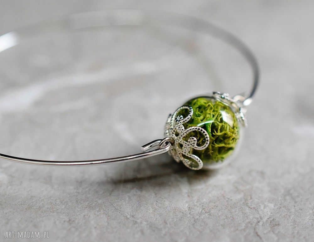 Posrebrzana bransoletka prawdziwym zielonym mchem mech berlin