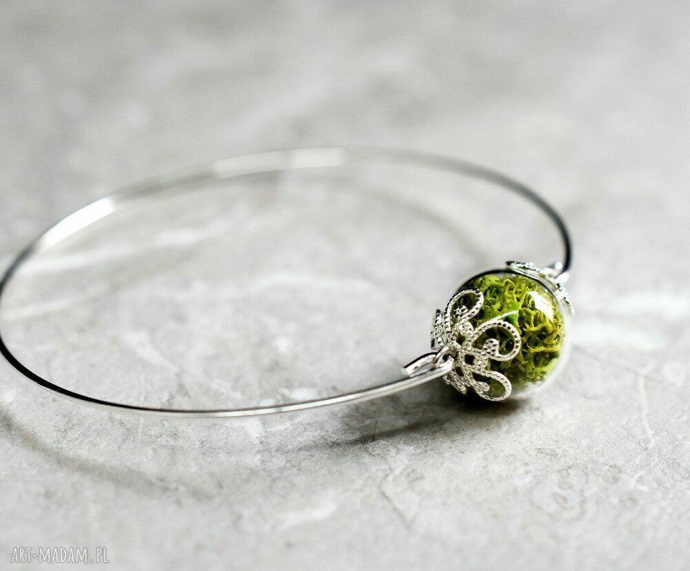 bransoletki: Posrebrzana bransoletka z prawdziwym zielonym mchem Handmade
