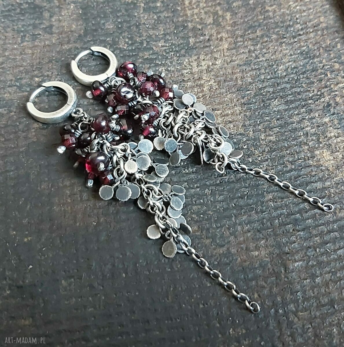 Kolczyki srebrne listki z granatami Handmade