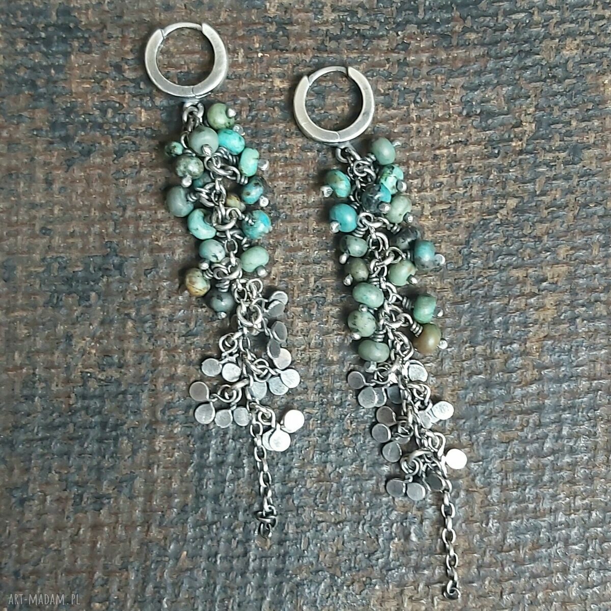 Kolczyki srebrne listki z turkusem afrykańskim handmade