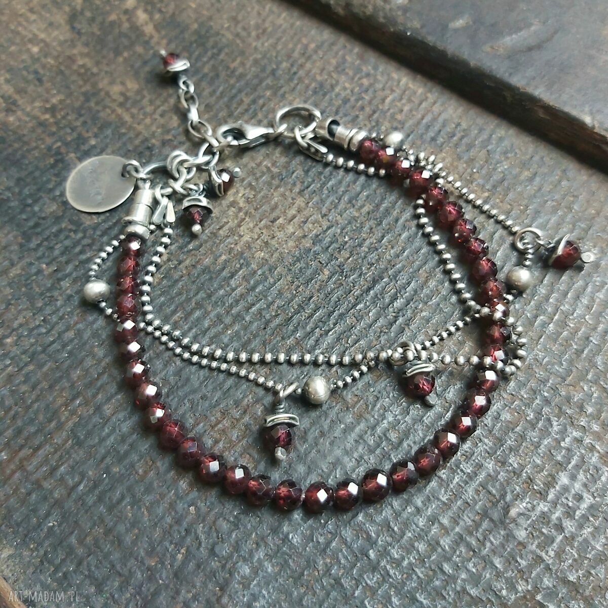 Bransoletka srebrna z granatami handmade