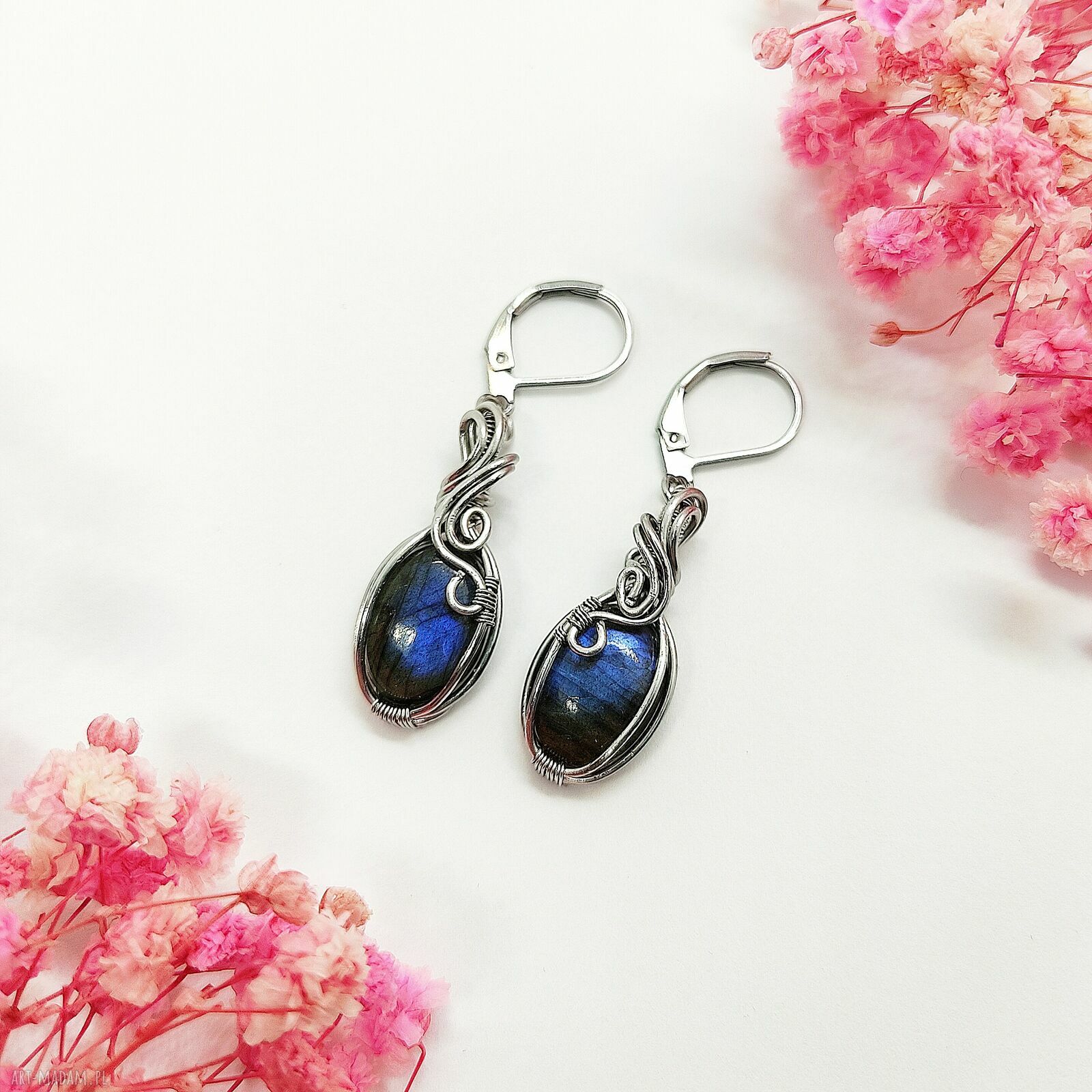 Kolczyki Labradoryt ze stali chirurgicznej - handmade wirewrapping