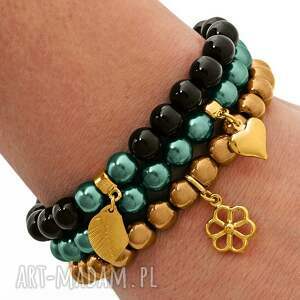 black jade golden hematite & emerald pearl set - czarne bransoletki