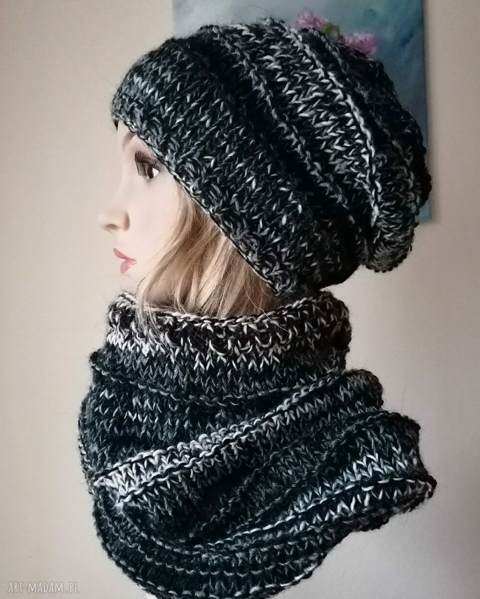 Czarny lub biały komplet boho - czapka i komin na drutach z moherem