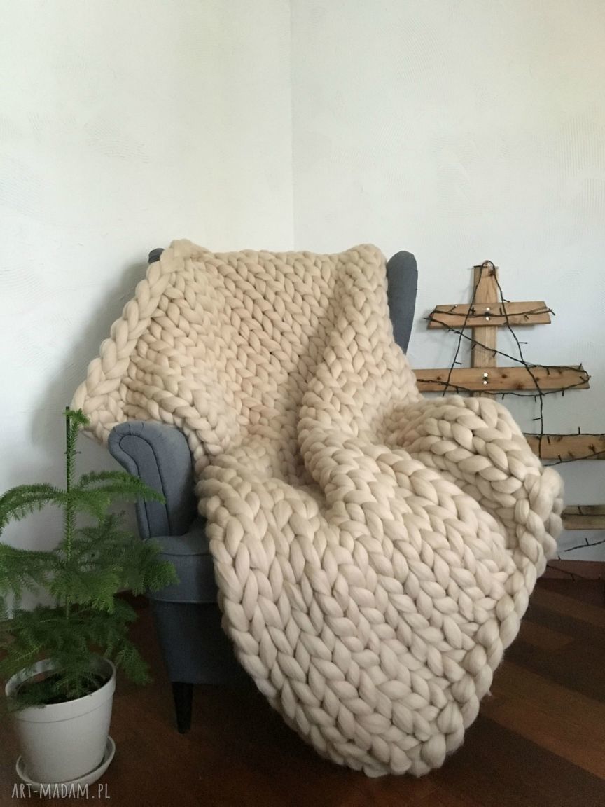 Beżowy koc z wełny owczej XL HandMade