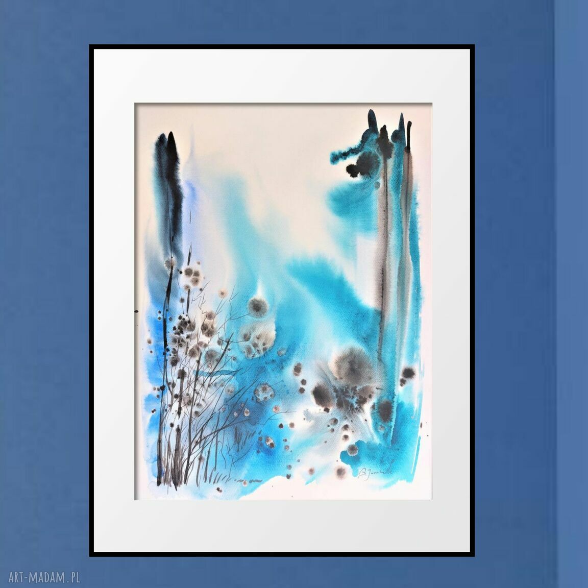 Oryginał akwareli: błękitna abstrakcja inspirowana lasem 40 x 50 cm