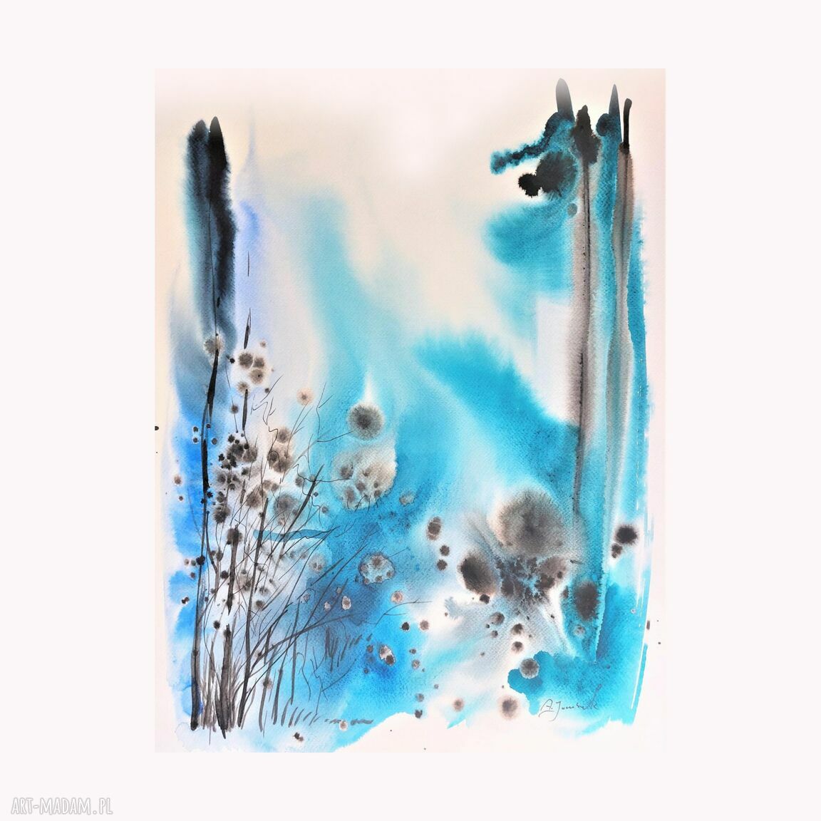 Oryginał akwareli: błękitna abstrakcja inspirowana lasem 40 x 50 cm