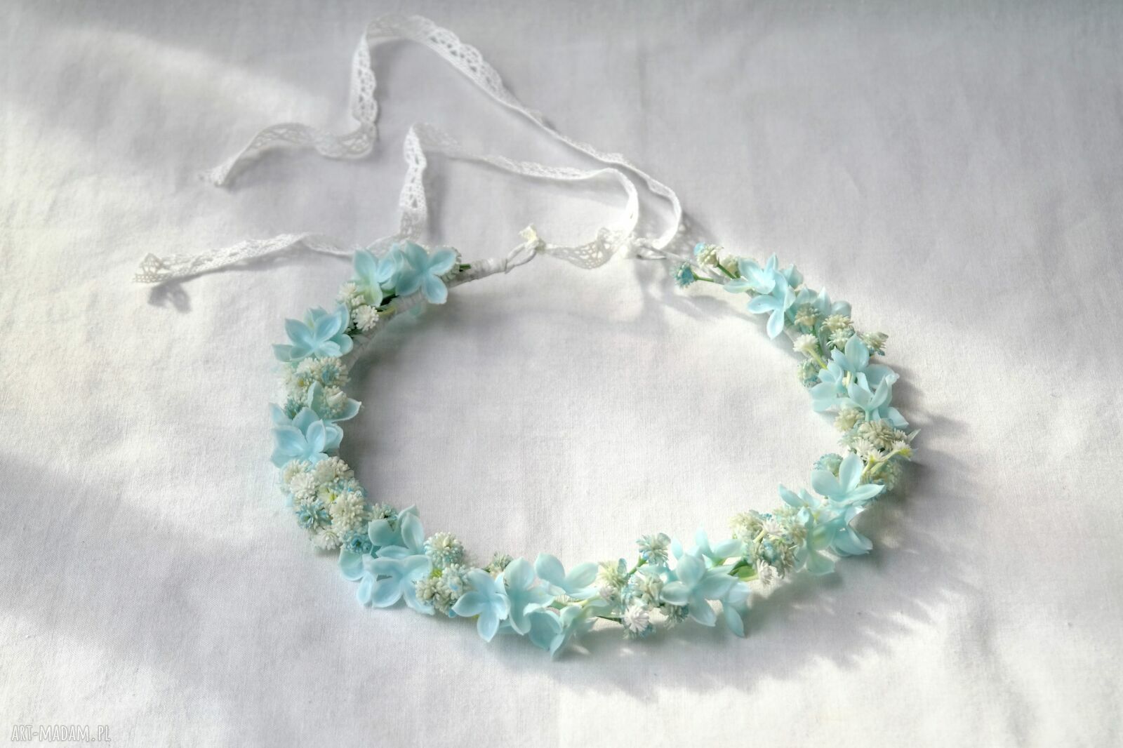 Błękitna Mgiełka - pastelowy wianek ślubny boho handmade na głowę