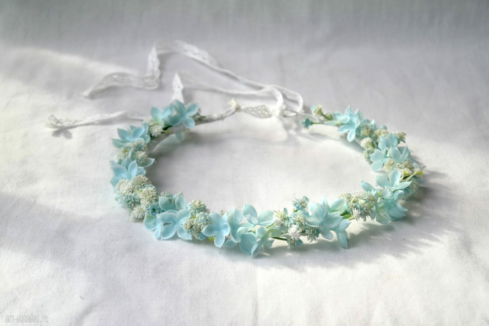 Błękitna Mgiełka - pastelowy wianek ślubny boho handmade na głowę