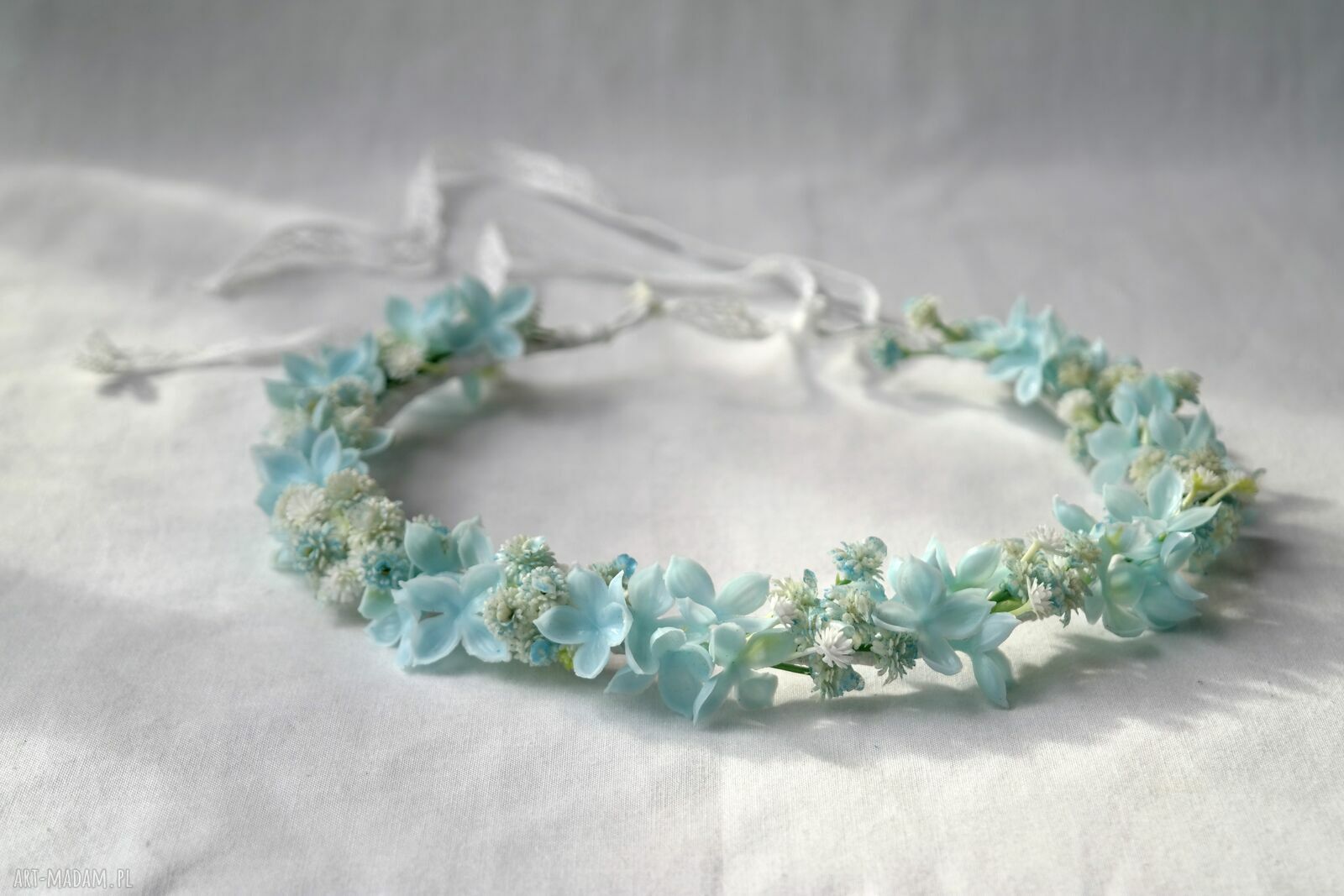 Błękitna Mgiełka - pastelowy wianek ślubny boho handmade na głowę